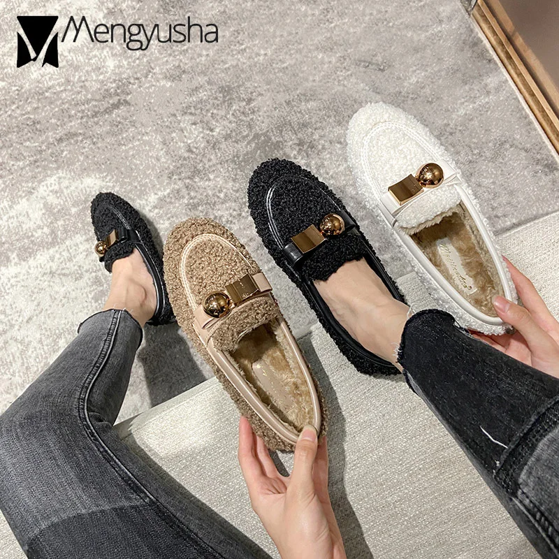 Женские кожаные плюшевые мокасины на плоской подошве с круглым и квадратным