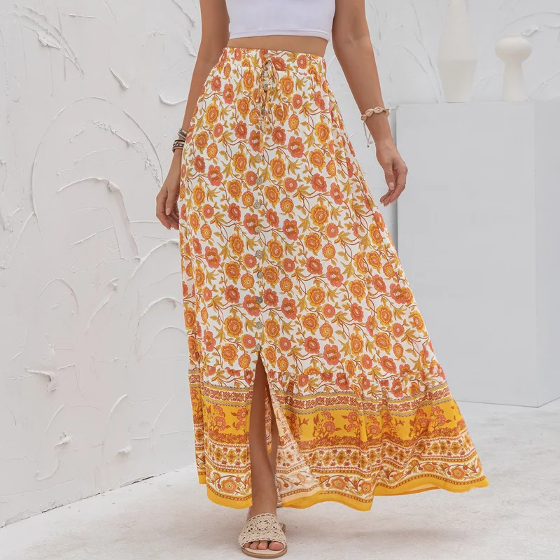 

2021 Vintage Chic Summer Boho Hippie Women Yellow Floral Peacock Printed Beach Bohemian Maxi Skirts Ladies Rayon Skirts