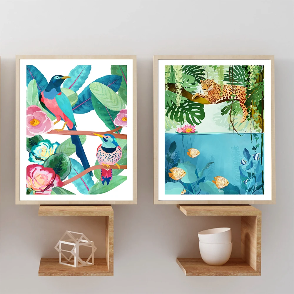 Джунгли тигр художественные плакаты и принты абстрактные красочные птицы рыбы