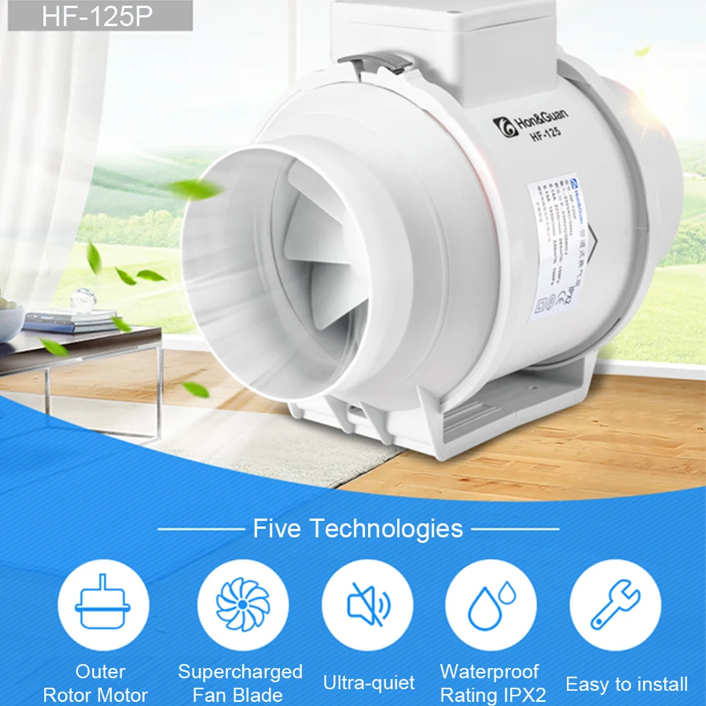 Hon&Guan 5'' Silent Inline Duct Fan 220V Air Extractor for Gardenging Grow Tent Blower Exhaust Ventilation Outlet HP-125P