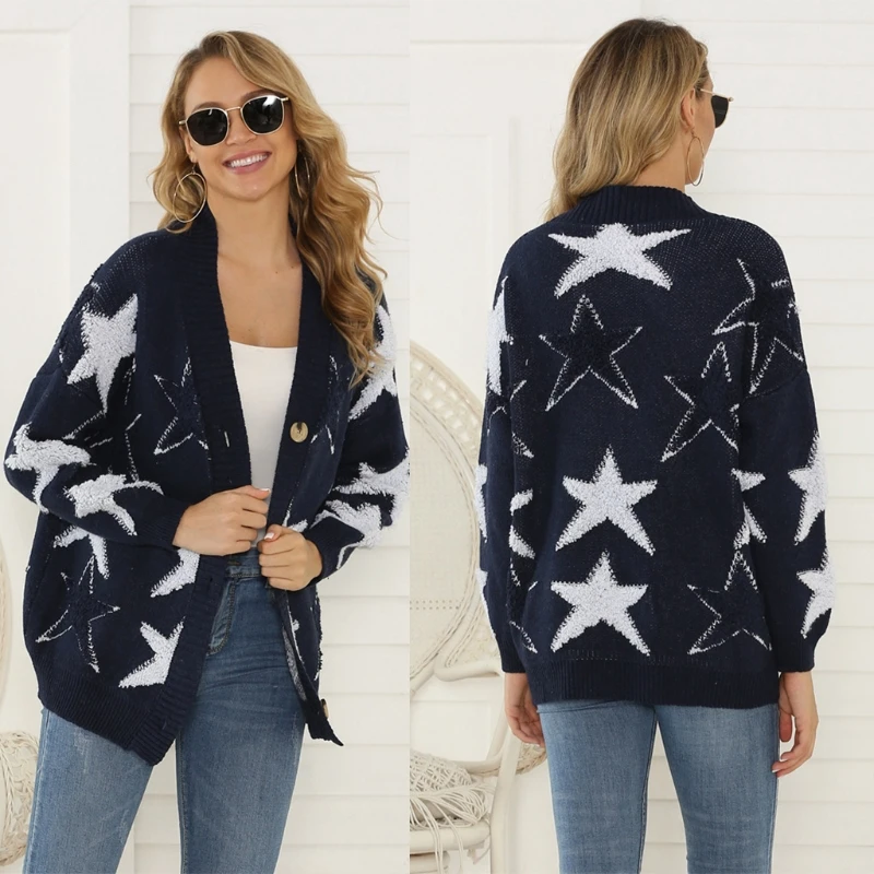 Women Knitted Loose Sweater Fashion Star Pattern Long Sleeve V-Neck Button Cardigan Open Front Tops Autumn Coat Jacket Warm Oute