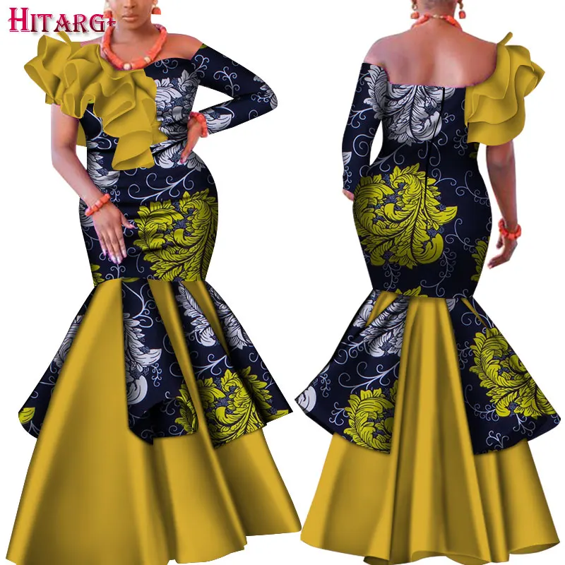 Dashiki African Dress for Women Bazin Riche One-Shoulder Sexy Slash Neck Wedding Party Dress Traditional African Clothing WY4224