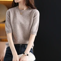 hot sale 100 wool cashmere womens sweaters and pullovers autumn female o neck clothing short sleeve soft jumper tops spring