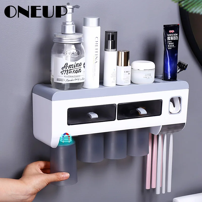 

ONEUP Новый магнитный держатель для зубных щеток с ящиком для хранения без дырочек для аксессуаров для ванной комнаты автоматический соковыж...