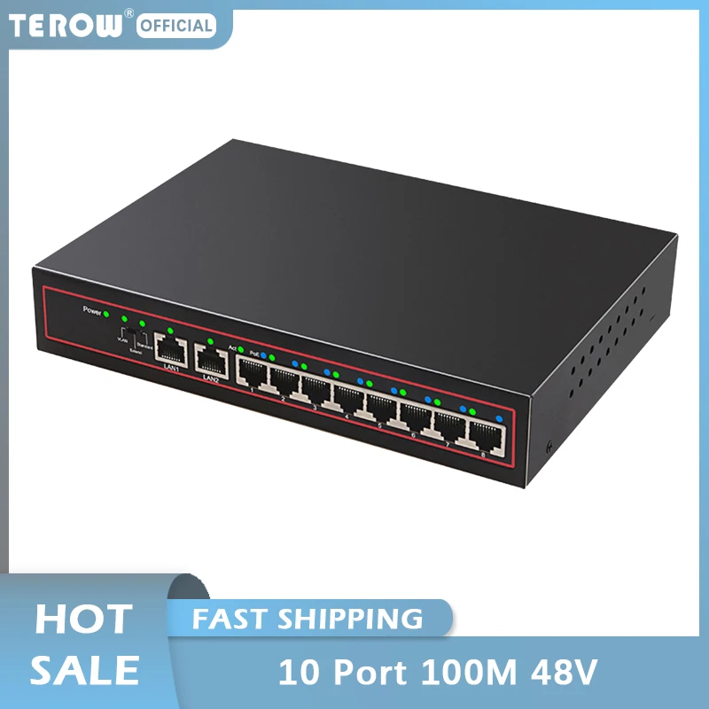 TEROW-conmutador de red Ethernet de 8 puertos, fuente de alimentación integrada de 48V, 8 puertos POE, 10/100M, para cámara IP/CCTV/AP inalámbrica