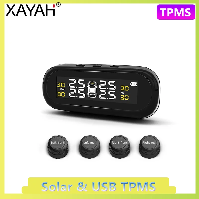 

Car TPMS Adjustable Angle Auto Tire Pressure Monitoring Tool Tyre Temperature Alarm Warning System Wireless Solar With 4 Sensors