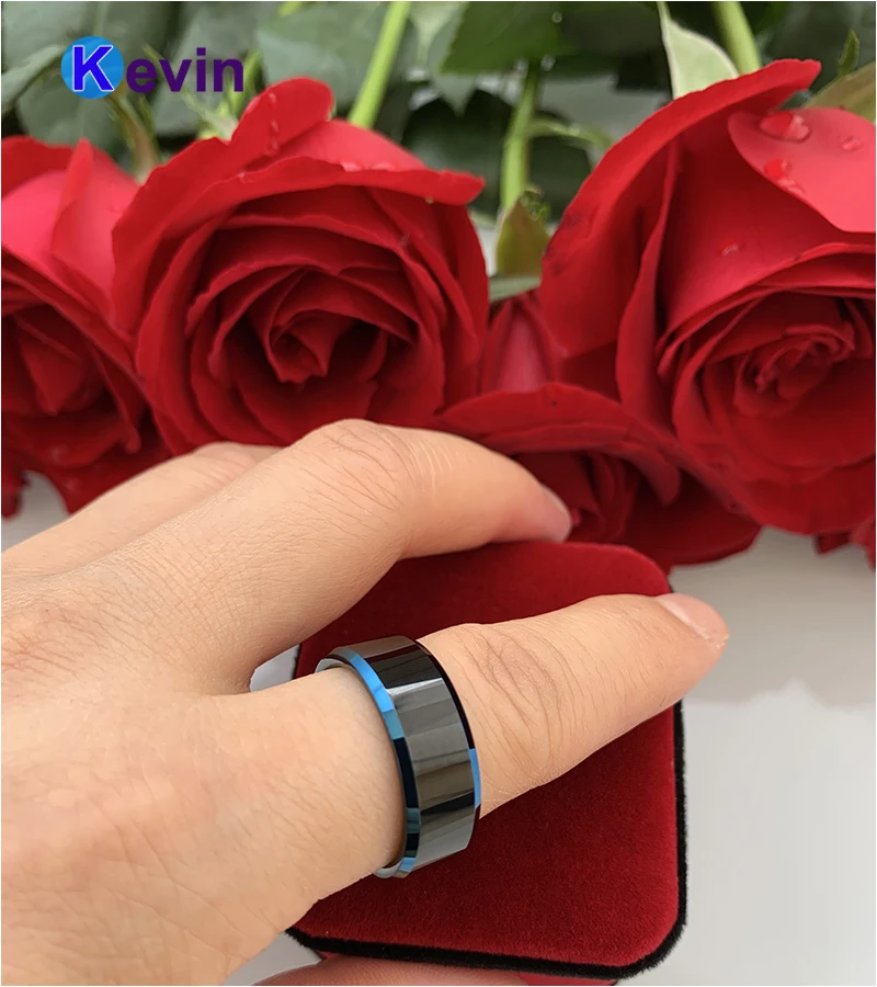 Black Blue Tungsten Carbide Ring Wedding Band For Men Women Bevel Edges And High Polished Finish | Украшения и аксессуары