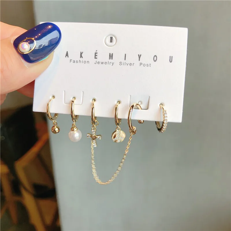 

Fashion Korean Style Inlaid With Shining Zircon Cross Double Chain Piercing Earrings Pearl Earrings 6Pcs/Set Charm Women Jewelry