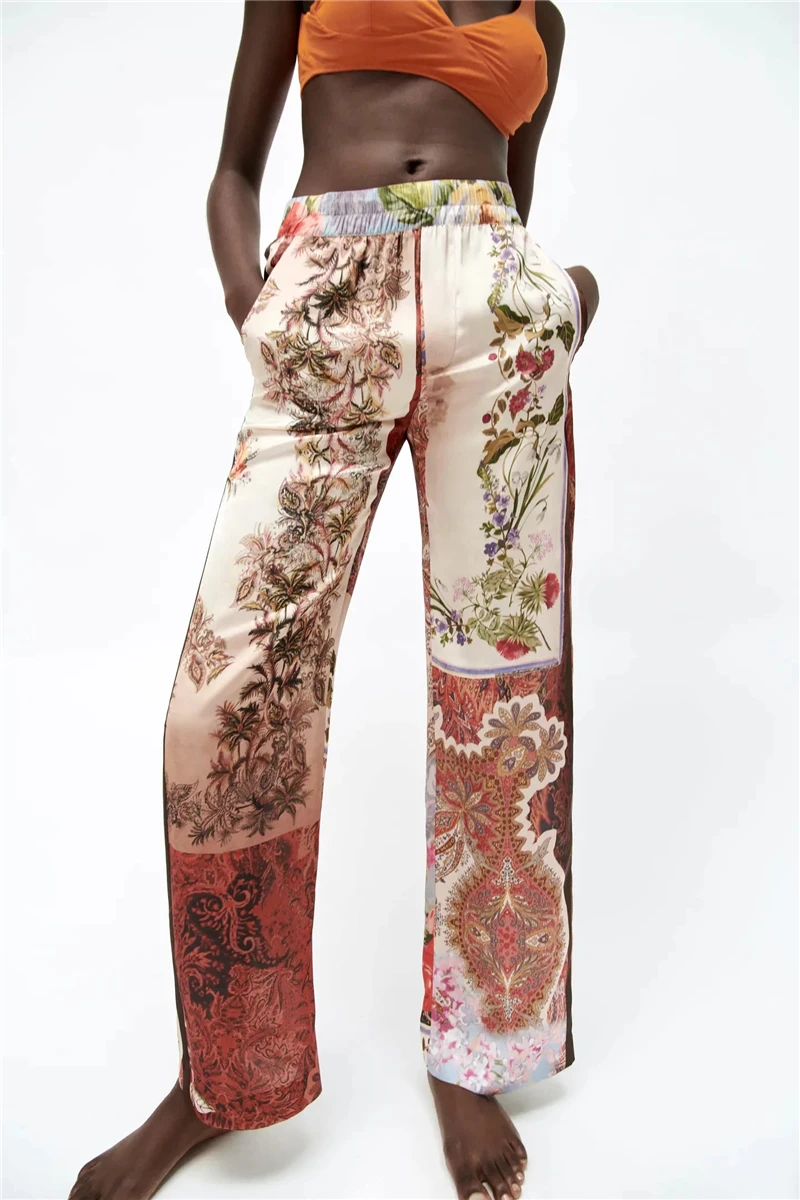 

KRSB ZA Summer Brown Pattern Print Loose Shrink Waist Straight Leg Pants Retro Pocket Trousers Casual And Comfortable British