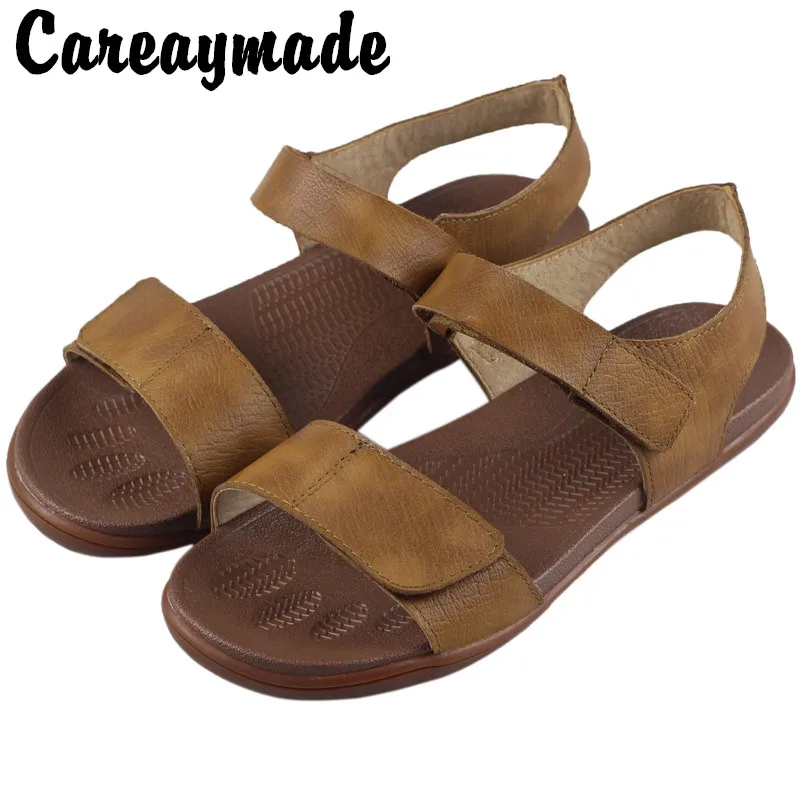 Careaymade-Men's&Women's Lovers Sandals Summer Casual Flat Beach Shoes Hook&Loop Leather Men's Full Leather Sandals size4.5-12