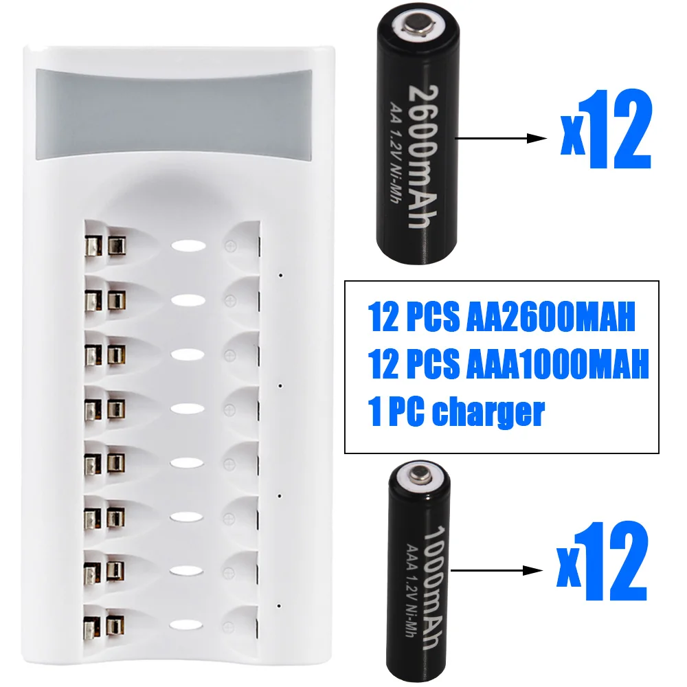 Yeckpowo AA батарея 2600mah 1 2 V перезаряжаемые ni mh батареи и AAA 1000mah nimh зарядное