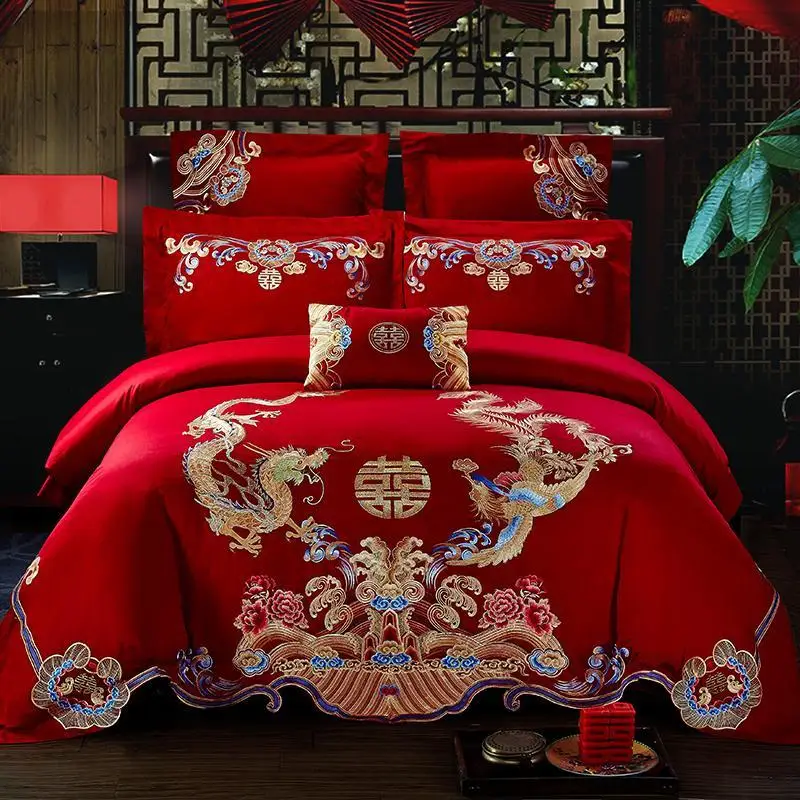

31 100% Cotton Chinese celebration Wedding Bedding Set Embroidery Duvet Cover Bed Sheet Pillowcases Queen King Size J/6/7pcs