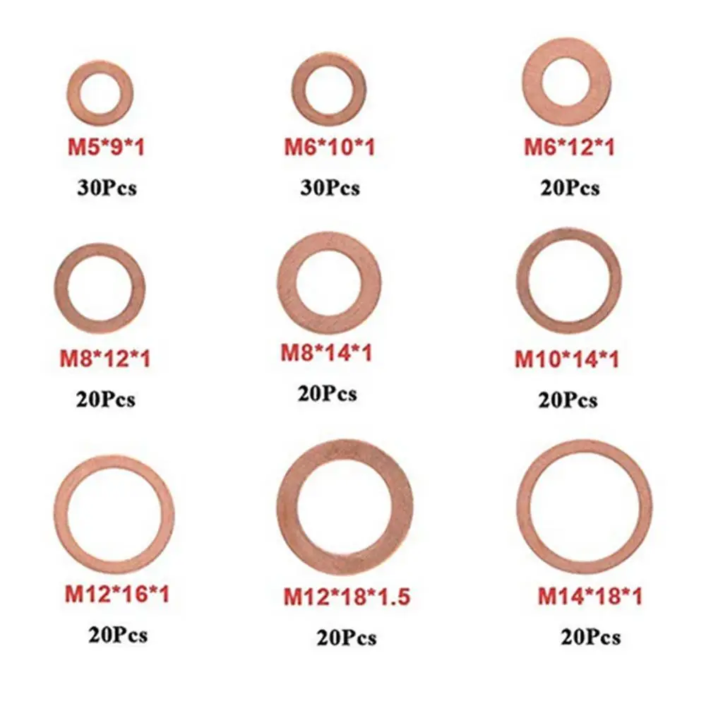 

200Pcs copper Washer Gasket Nut and Bolt Set Flat Ring Plugs Assortment Kit For Sump Box M5/M6/M8/M10/M12/M14 with Seal J6O2