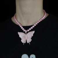 new fashion iced out sparking bling cz pink pinky tennis chain choker jewelry with rose butterfly pendant hip hop cool necklace