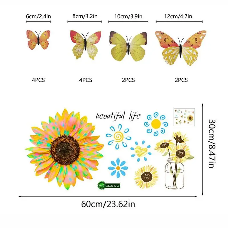 

3D Three-dimensional Color Sunflower Wall Sticker Butterfly Material Room 60*30cm Background Decoration Living Pvc Pattern C0I8
