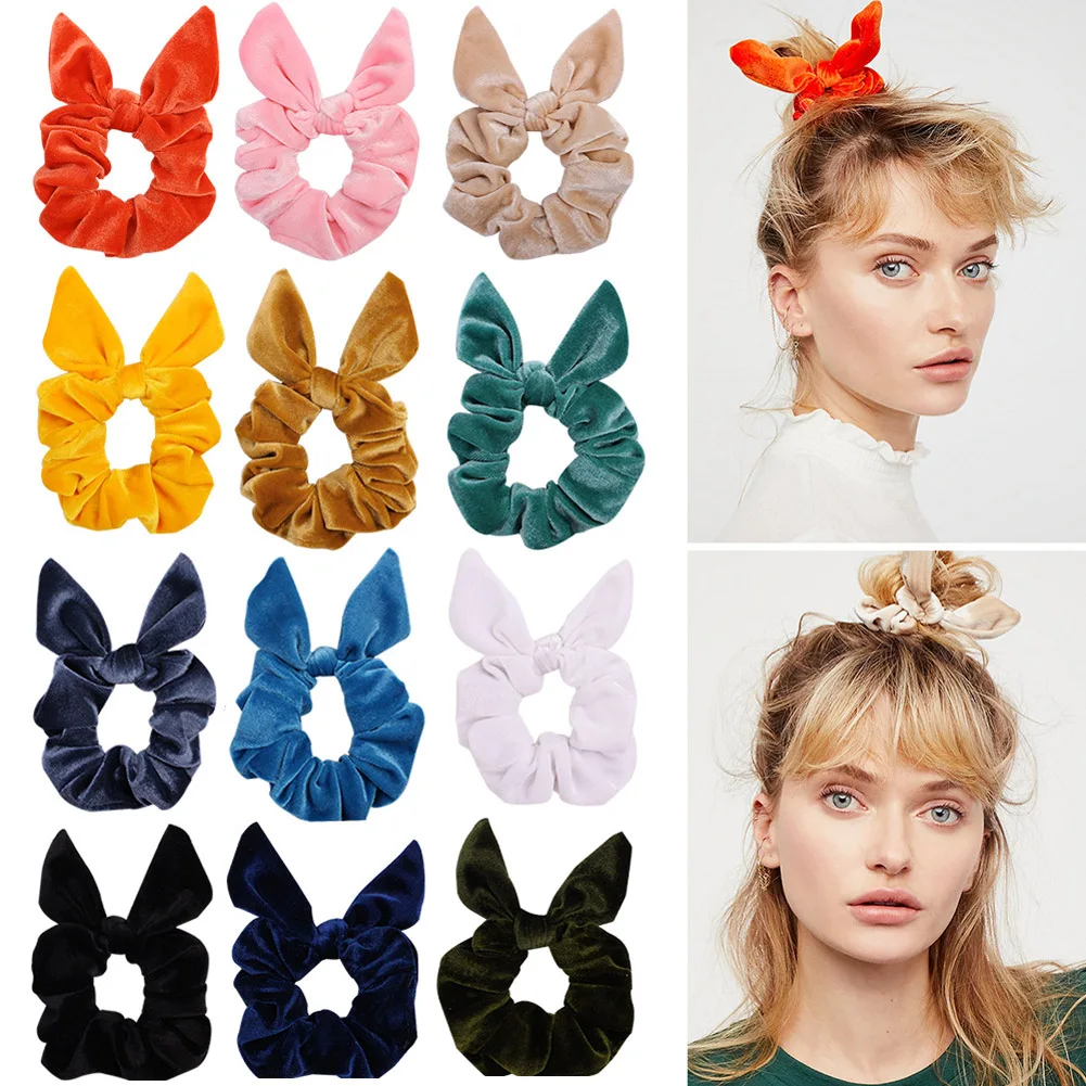 

Fashion Girls Sweet Ponytail Holder Velvet Rabbit Ears Hair Scrunchie Knotted Bow Soft Elastic Hair Bands Women Hair Accessories