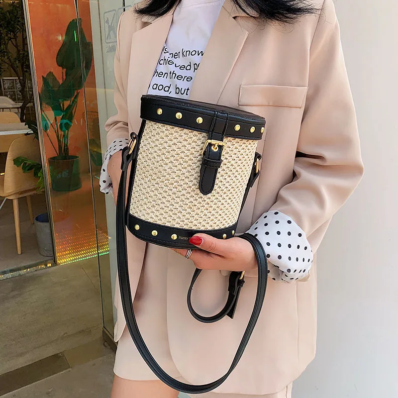 Mulit стиль соломенная + кожаная сумка женская ротанговая ручной работы тканая