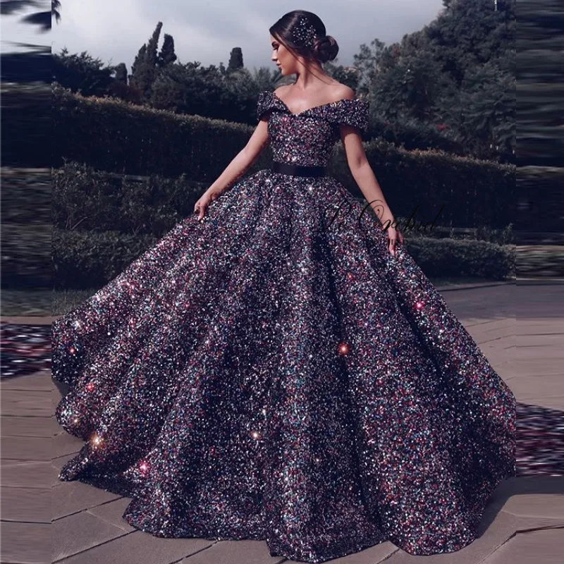 

PEORCHID Robe Dubai Soiree Colorful Sequin Evening Dresses Long Luxury Off Shoulder Vestido formal Princess Prom Gowns 0192