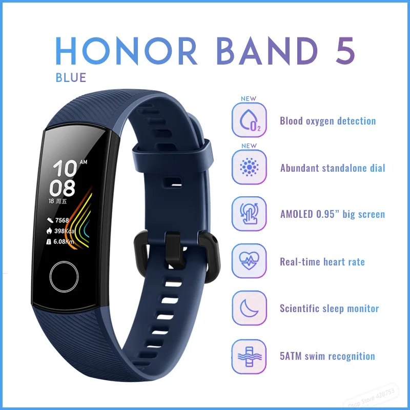 Honor Band 5 BLU Смарт-браслет huawei Honor Band 5 с кислородом крови, цветной сенсорный экран, монитор сердечного ритма, сна, сна - Цвет: Honor Band 5 BLU