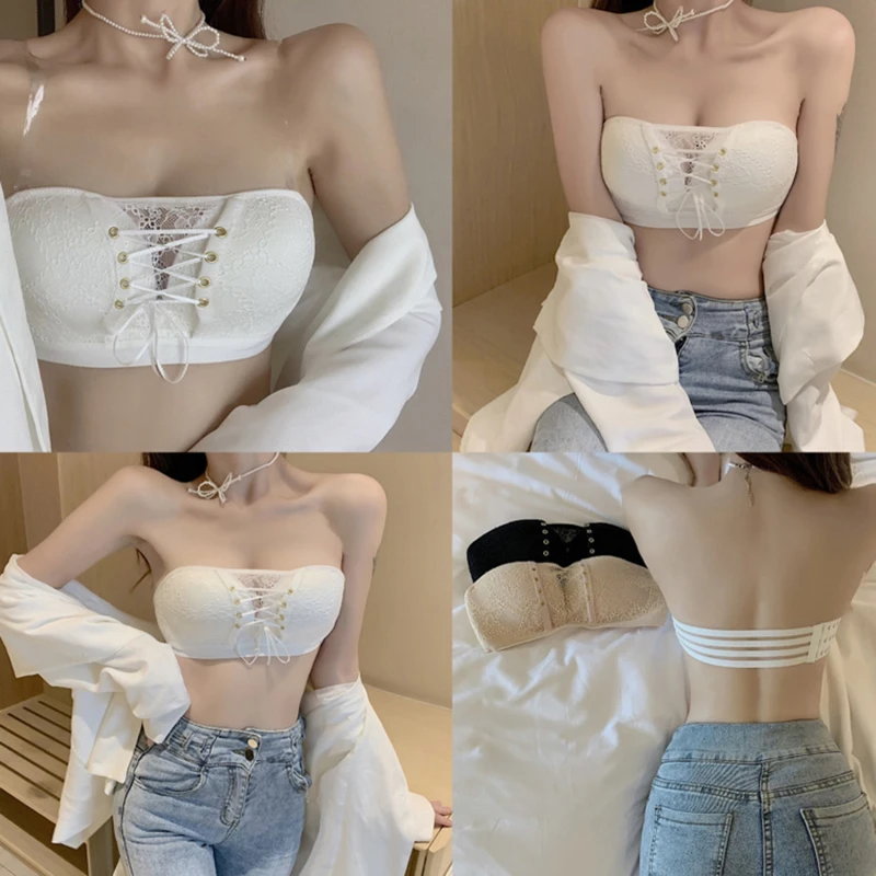 

2022 Valentine's Day Sexy Summer Women Elastic Strapless Bra Lace Tube Top Bandeau Crop Tank Seamless Padded Underwear
