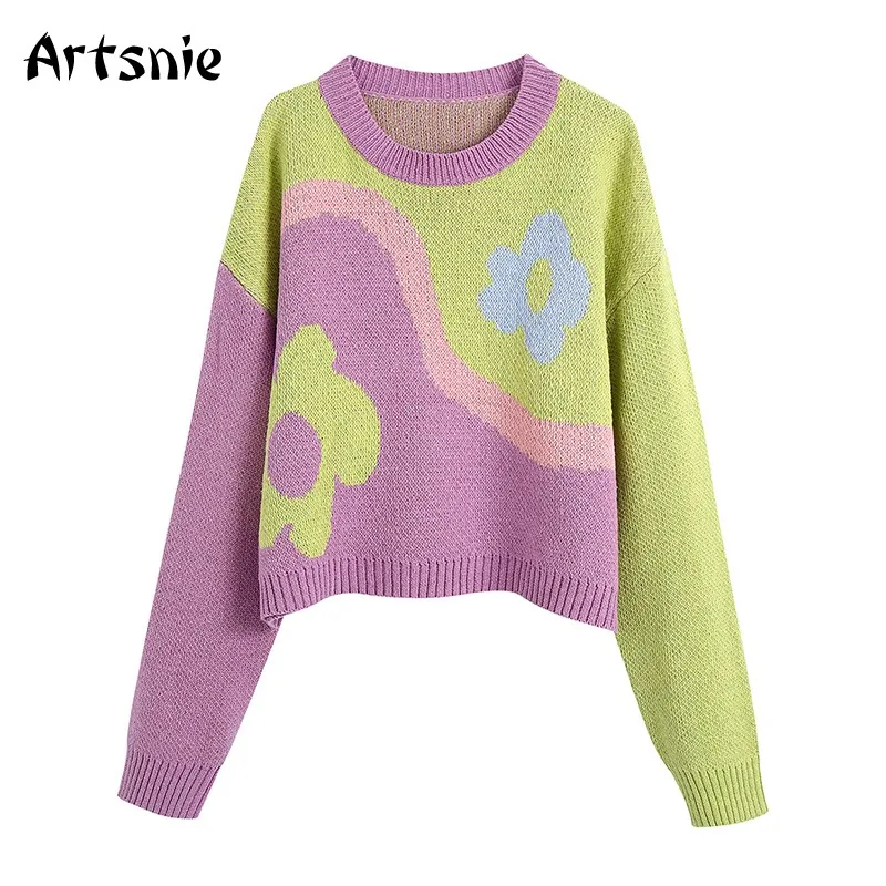 

Artsnie Streetwear Floral Sweater Women Winter O Neck Long Sleeve Knit Pull Femme Autumn Patchwork Pink Ladies Sweaters Jumper