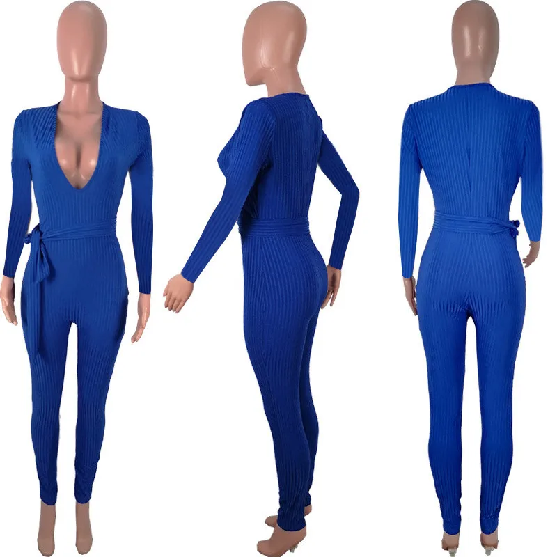 

hirigin Women Jumpsuit Elegant Long Sleeve Overalls Sexy Night Party Solid Slim One-piece Streetwear V-neck Plus Size