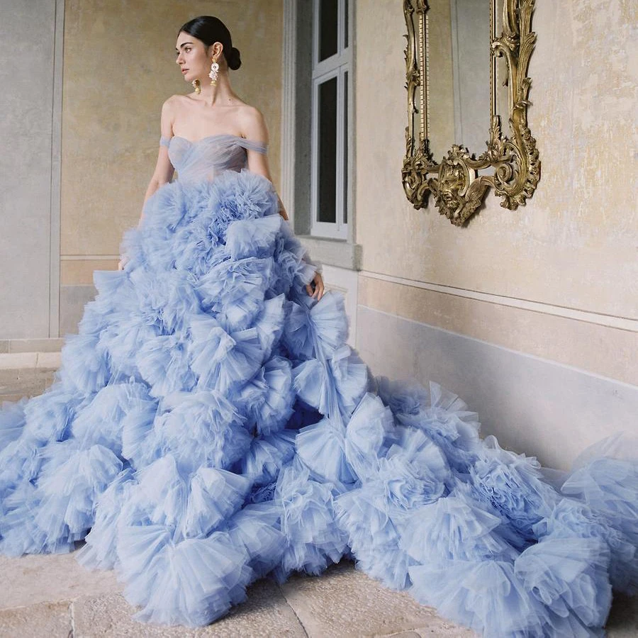 

Ice Blue Prom Dress for Photography Puffy Off Shoulder Long Photoshoot Babyshower Party Dress Ruffle Elegant Prom Gown Luxury
