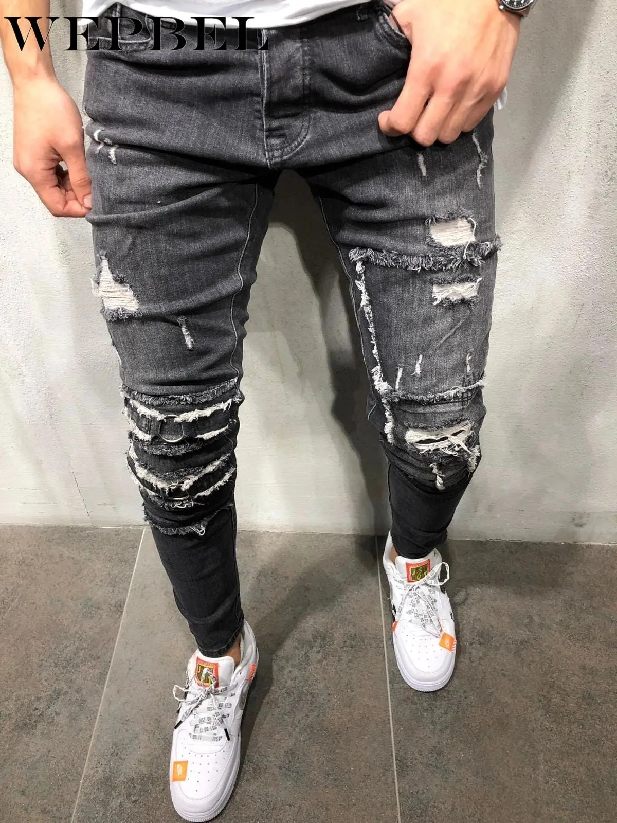 

WEPBEL Street Fashion Hiphop Men Knee Hole Stretch Denim Pants Ripped Beggars Punk Gothic Skinny Bottom Zipper Biker Jeans