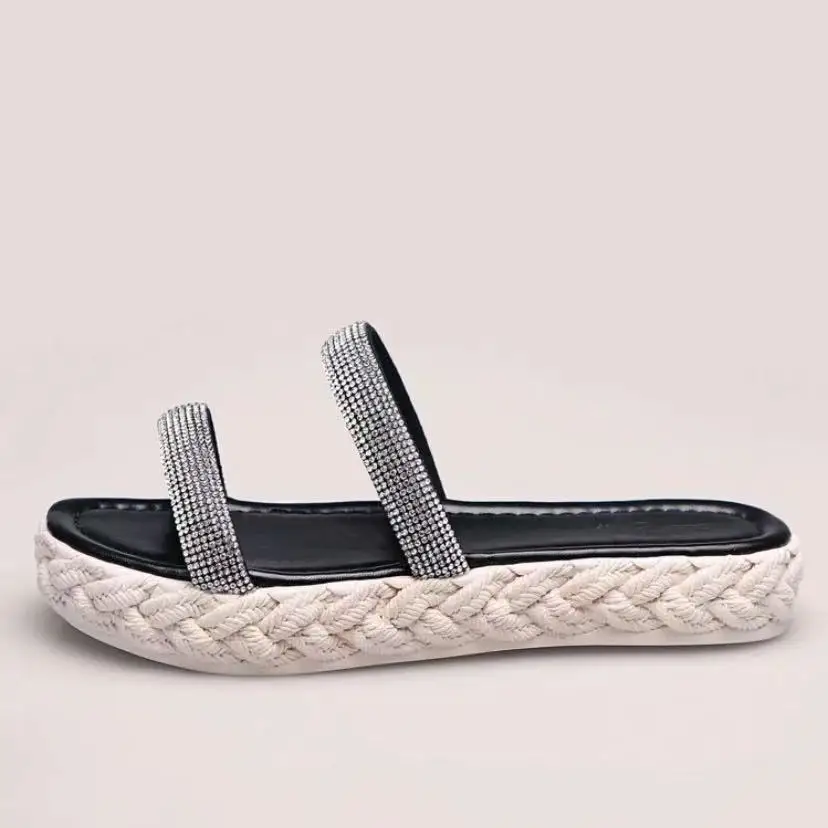 

Fashion Crystal Slippers Woman's Sandals 2021 Platform Flip Flops Women Shoes With Hemp Rope Woven Thick Sole Slipper Heel Shoes