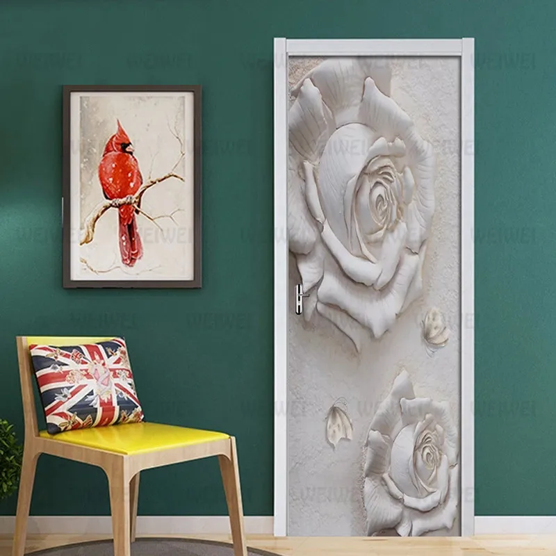 

Modern Embossed Rose Butterfly Door Sticker Living Room Bedroom Self-Adhesive Waterproof Mural Wallpaper For Walls 3 D Stickers