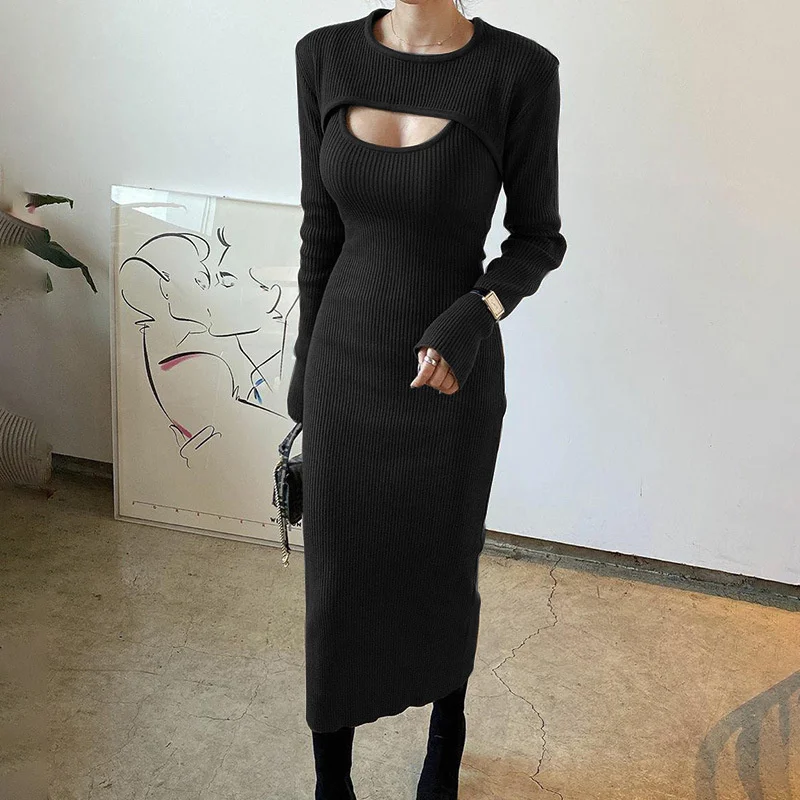 

DISEYAR Winter Women Knitted Maxi Dress Set Hollow Out Solid Color Female's Sexy O-Neck Long Sleeve Slim Bodycon Korean Vestido