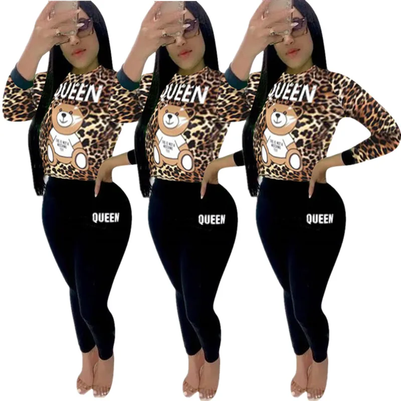 

Leopard Bear Offset Tight Suit Spring and Autumn Women's Two Piece Suit Fashion Leisure Exercise Sports Yoga Two Piece Suit
