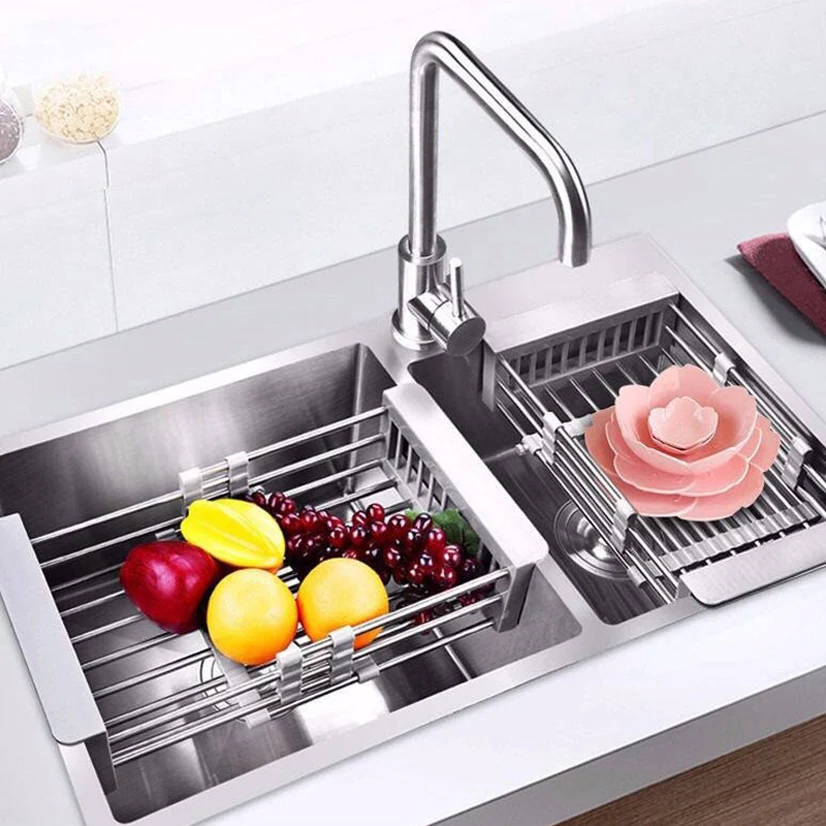 

Stainless Steel Drain Basket Stretch Sink Dish Drying Rack Kitchen Storage Washing Vegetable Basket Dish Storage Organizer