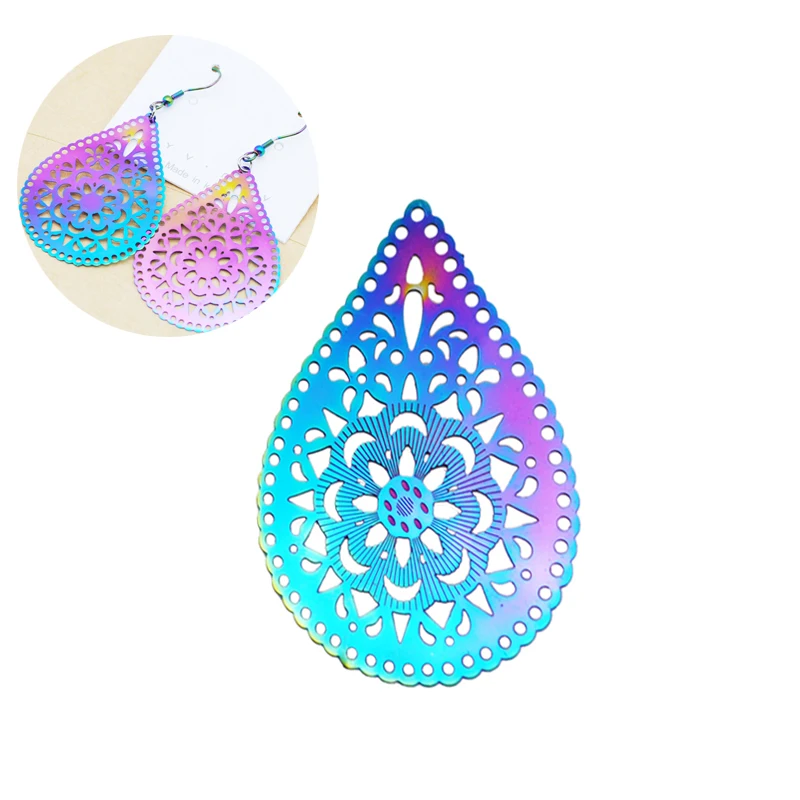 

10pcs/Lot New Hollow Out Rainbow Color Charms 35x48mm Stainless Steel Double Side Pendant Charm For Earring Making DIY