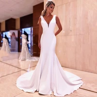 classic white mermaid sleeveless wedding dresses backless v neck sweep train floor legnth jersey high quality bridal gowns