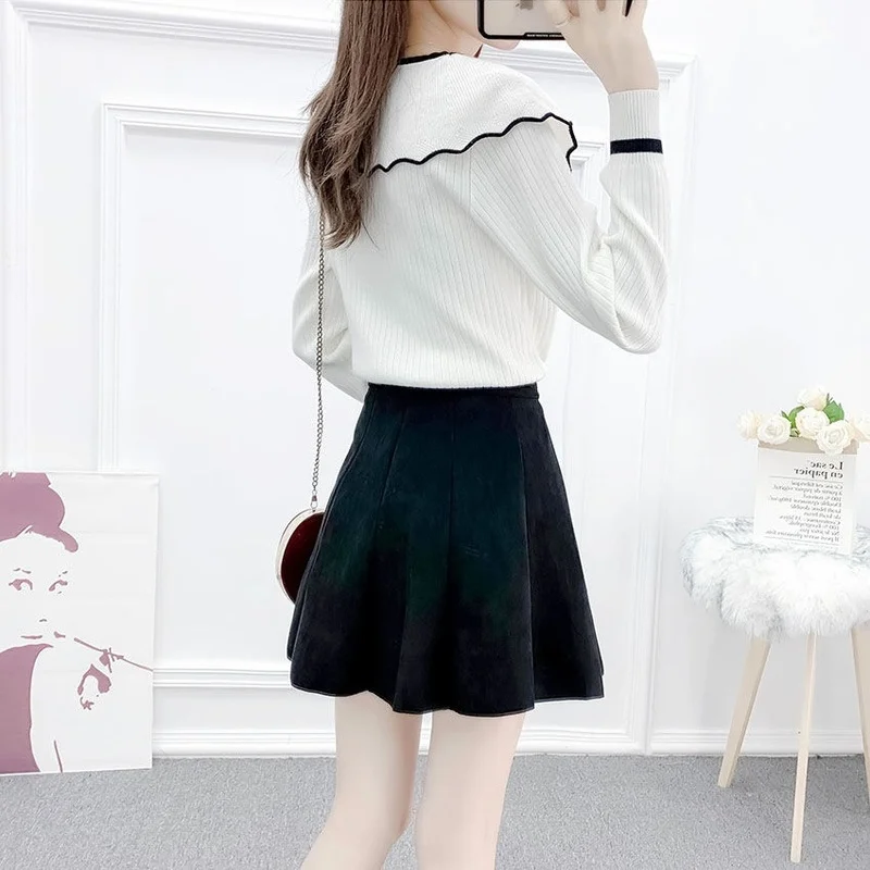 Свитер с оборками для женщин контрастного цвета вышивкой 2020 осень зима девушек