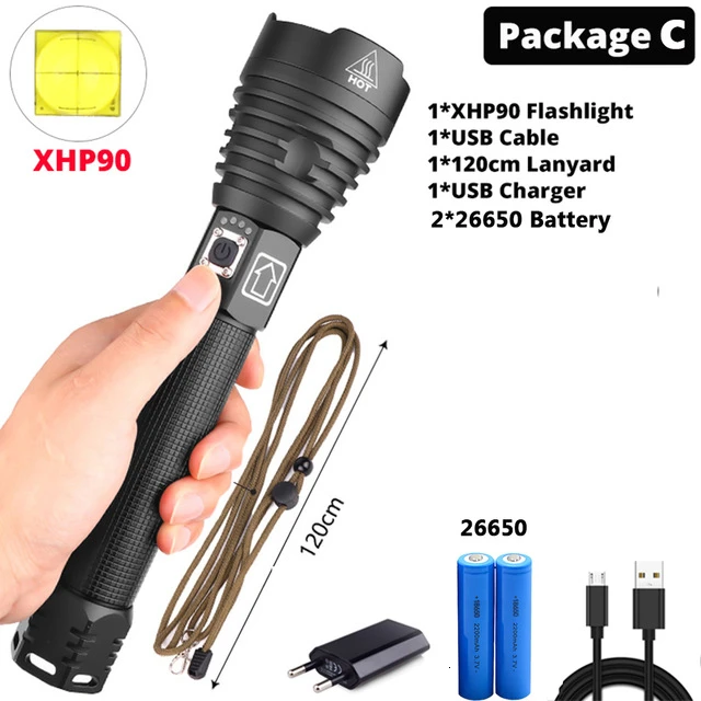 C Самый мощный XHP90 светодиодный фонарик XLamp Zoom Torch XHP70.2 USB Перезаряжаемый тактический фонарь 18650 или 26650 ходовой охотничий фонарь - Испускаемый цвет: C