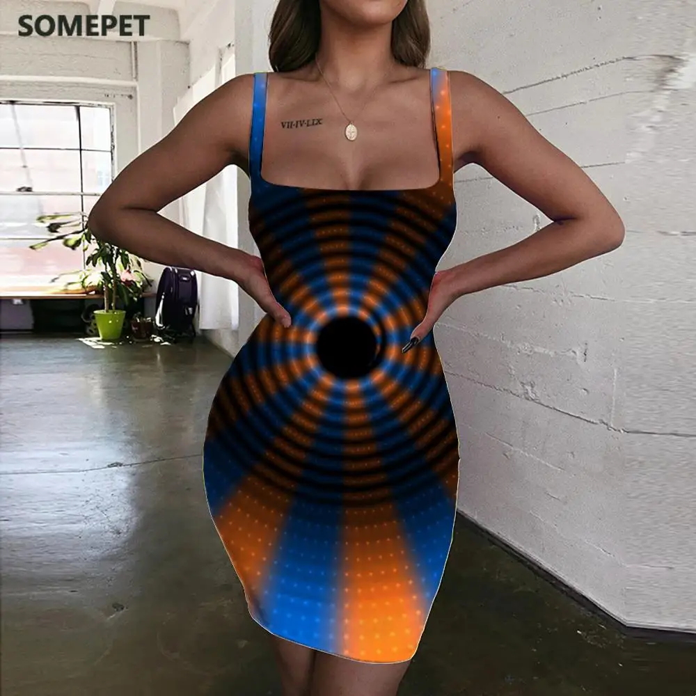 

SOMEPET Stripe Dresses Women Dizziness 3d Print Abstract Halter Sleeveless Art Vestido Sexy Womens Clothing Mini Evening New