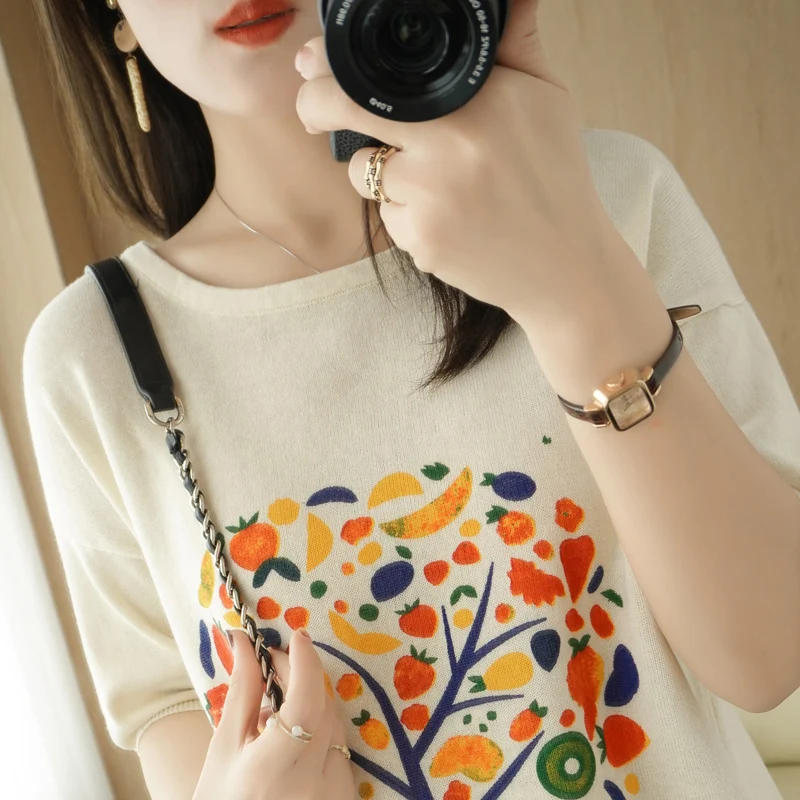 

YUHANRONG 100% cotton half sleeve T-shirt women's round neck Pullover retro jacquard short sleeve base coat short cotton top