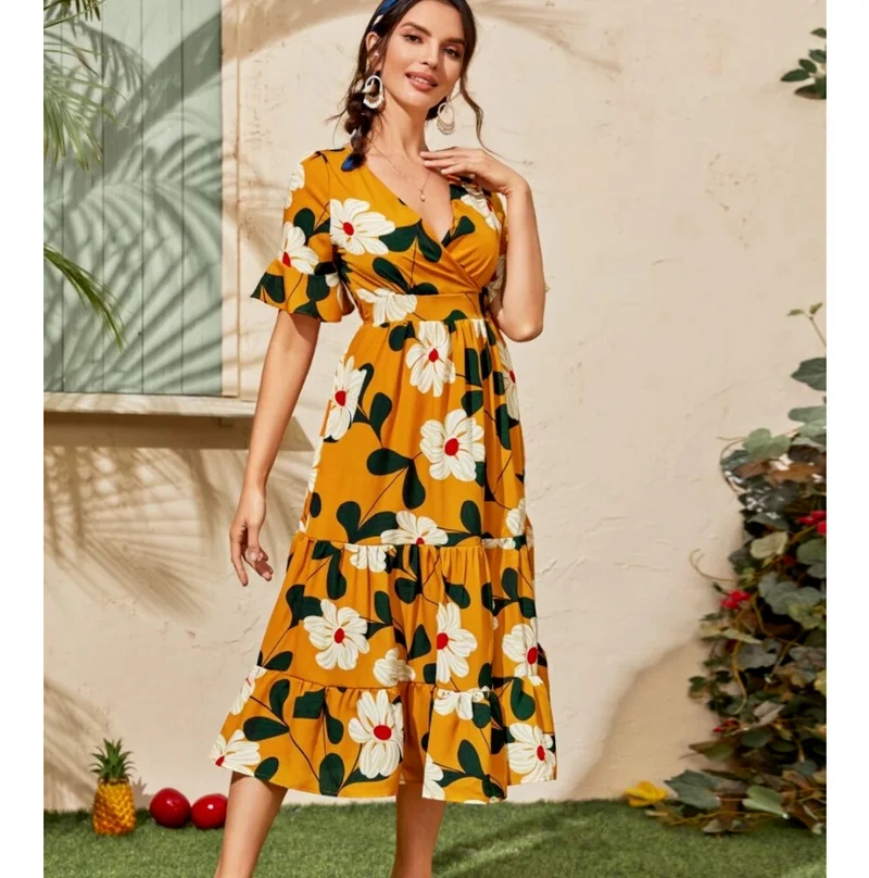 

Women's Clothing Summer New Style Chiffon Big Flower V-neck Waist Skirt Flared Sleeve Trend Ladies Vacation Fashion Dress WE13