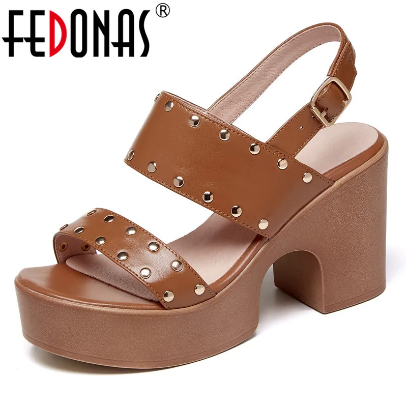 

FEDONAS Metal Rivets Sandals For Women Buckles Genuine Leather High Heels Pumps For Women Summer Newest Party Basic Shoes Woman