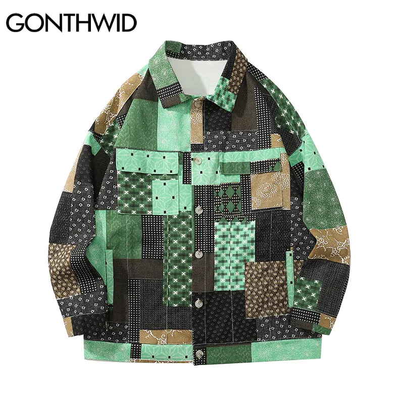 

GONTHWID Harajuku Streetwear Shirts Coats Color Block Bandana Paisley Pattern Long Sleeve Shirt Hip Hop Casual Loose Tops