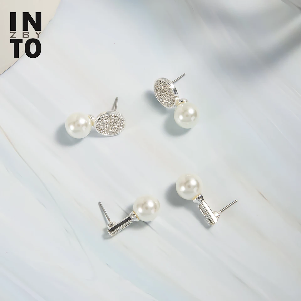 Женские серьги гвоздики с кристаллами и жемчугом Into квадратные круглые из стекла