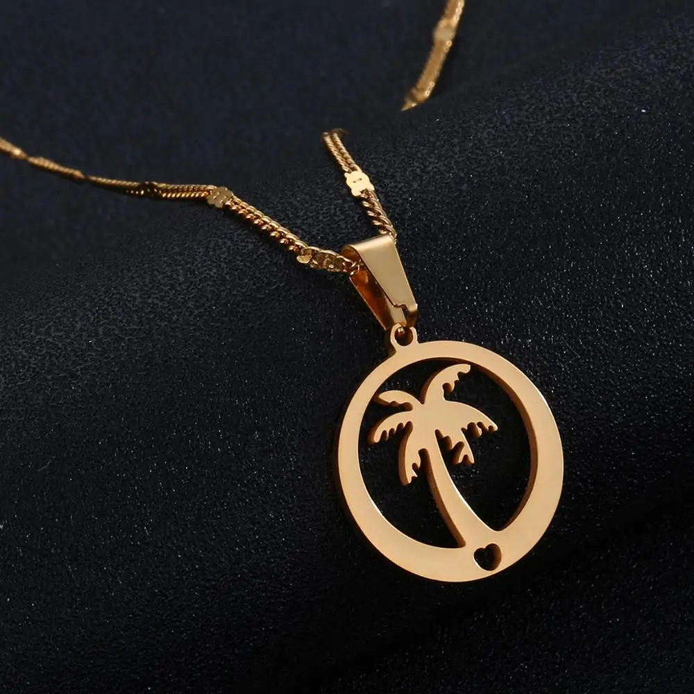 Круглое ожерелье из нержавеющей стали с кулоном в виде кокосовой пальмы Пляжное