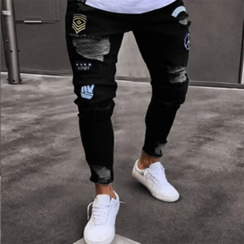 

Men's jeans skinny torn print pencil stretch pants street fashion trend blue black gray plus size zipper pants discount hip hop