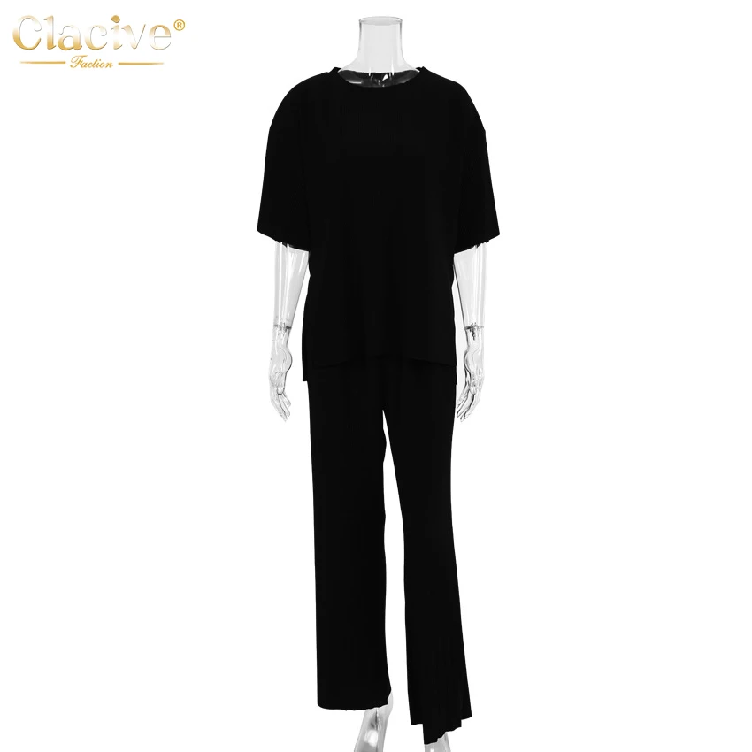

Clacive Streetwear White 2 Piece Set Women Trousers Suit Casual Loose Short Sleeve T-Shirt Wide Leg Pants Set Oversize Suit 2021