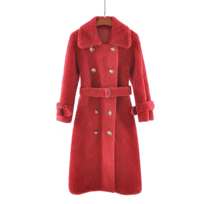 red SY12, осенне-зимнее женское пальто из 30% шерсти, меховое пальто, а-образное, на пуговицах, с карманами, для стрижки овец, для девушек, теплое меховое пальто, женская длинная куртка, пальто - Цвет: red