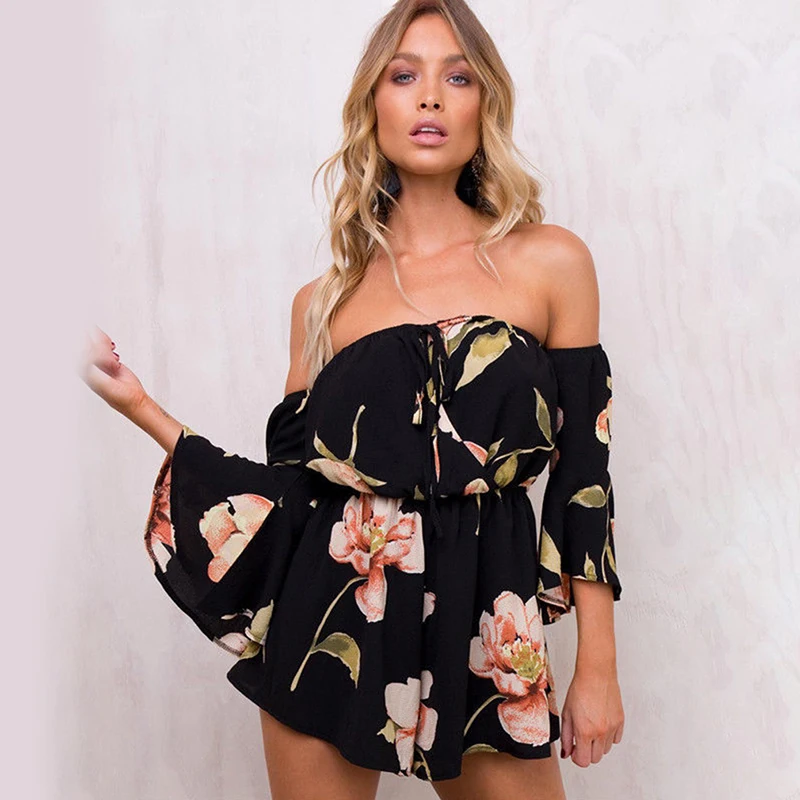 Women Rompers Flower Print Jumpsuit Summer Short Off Shoulder Overalls Jumpsuit Female Chest Wrapped Strapless Playsuit