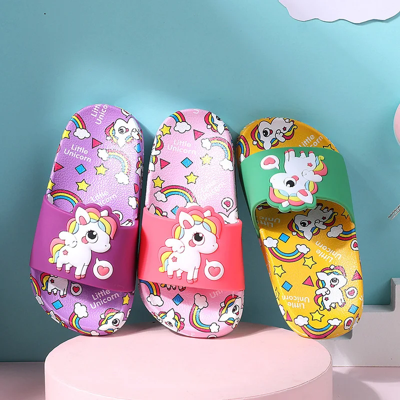 

Unicorn Kids Slippers New Summer Rainbow Boys Girls Slippers Pvc Non-slip Children Beach Shoes Baby Home Sandals Kids Flip Flops