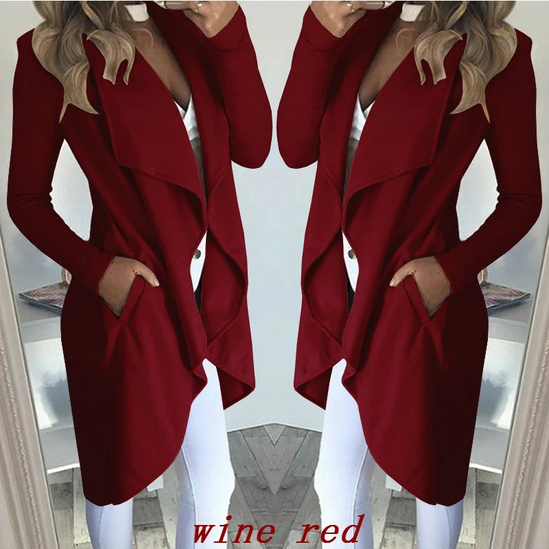 Осеннее женское повседневное длинное однотонное пальто Meihuida с водопадом офисный